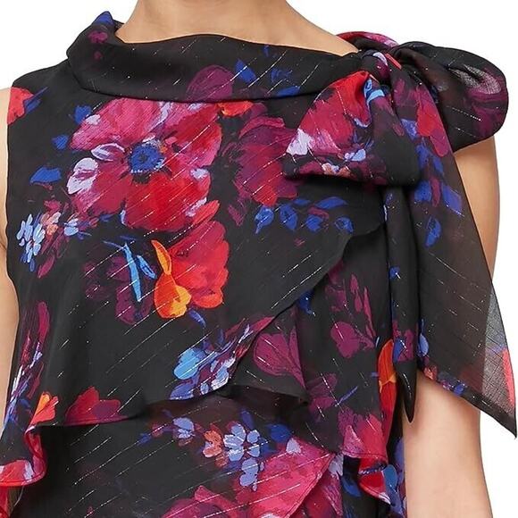 S.L. Fashions Tiered Cocktail Party Sheath Dress 16 Ruffled Black Floral Fairy - Picture 3 of 6